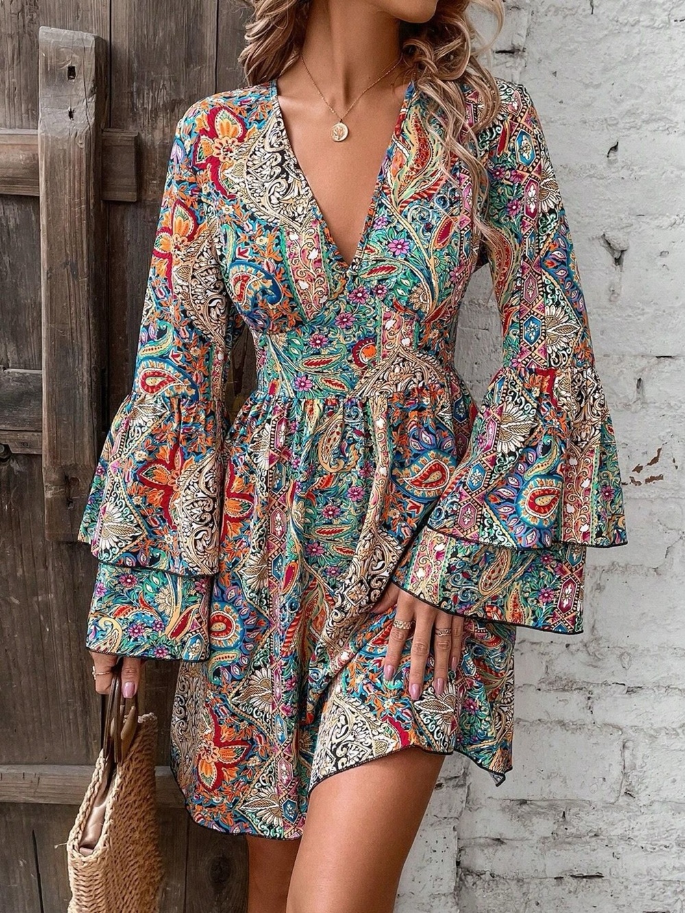 Paisley Print V-Neck Bell Sleeve Mini Dress